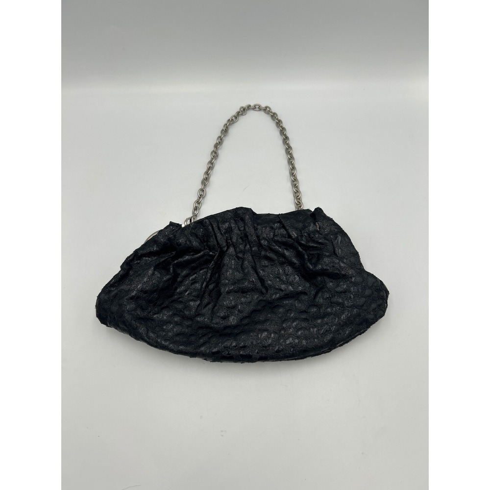 Vintage Black Ruched Textured Clutch Bag Silver Chain Handle Evening Handbag